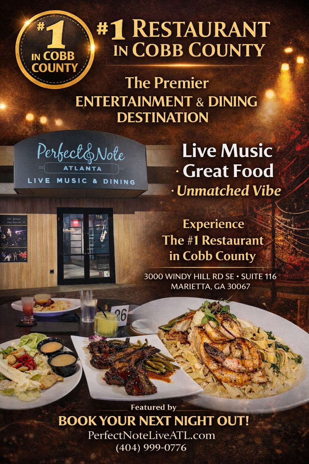 Restaurant ad for Perfect 10 bar & grill in Cobb County, with live music, dining, and plated food on a dark background