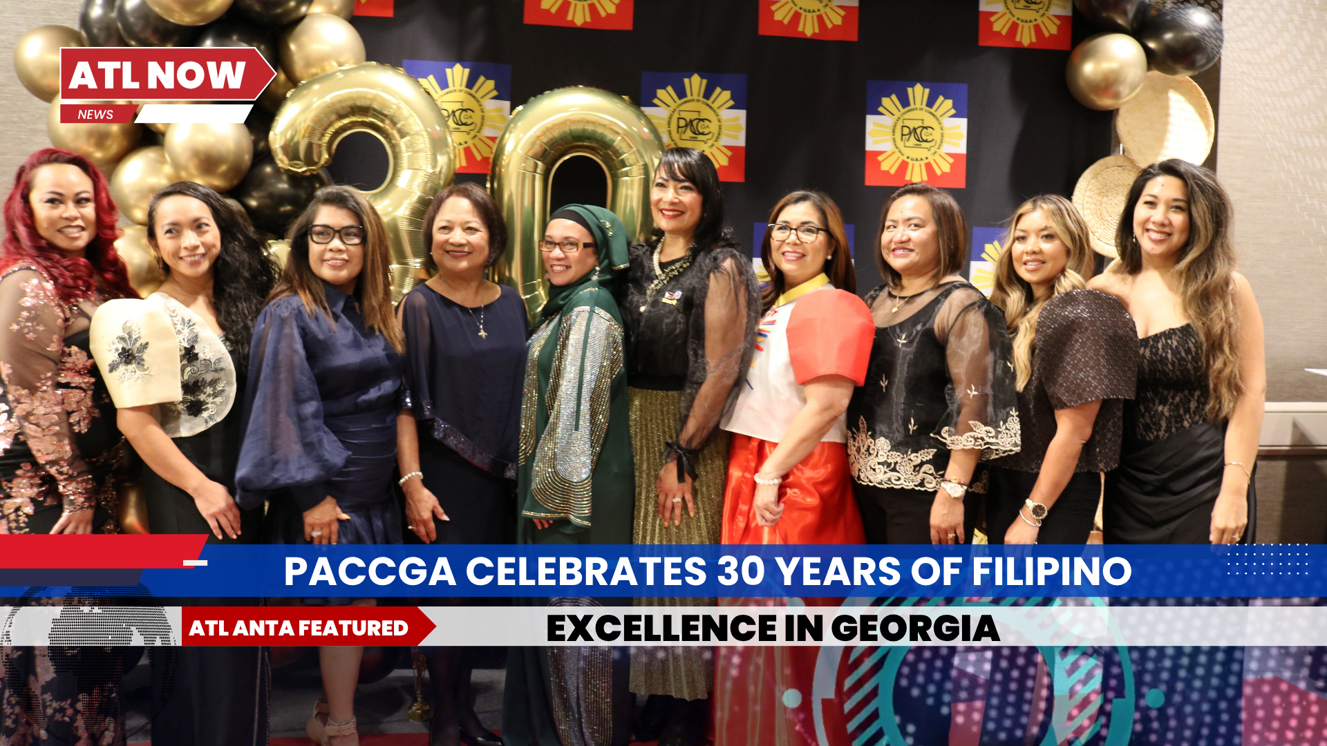 Group of women at event celebrating Filipino excellence in Georgia. Gold and black balloons.