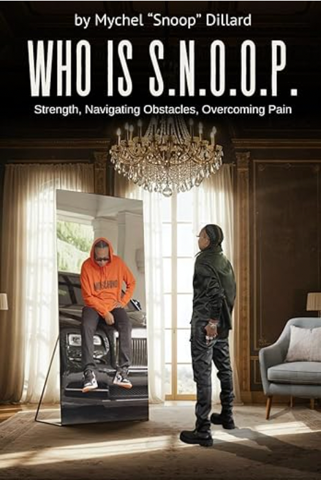 Book cover titled “WHO IS S.N.O.O.P.” showing a man in an orange hoodie in a mirror-like doorway interior.