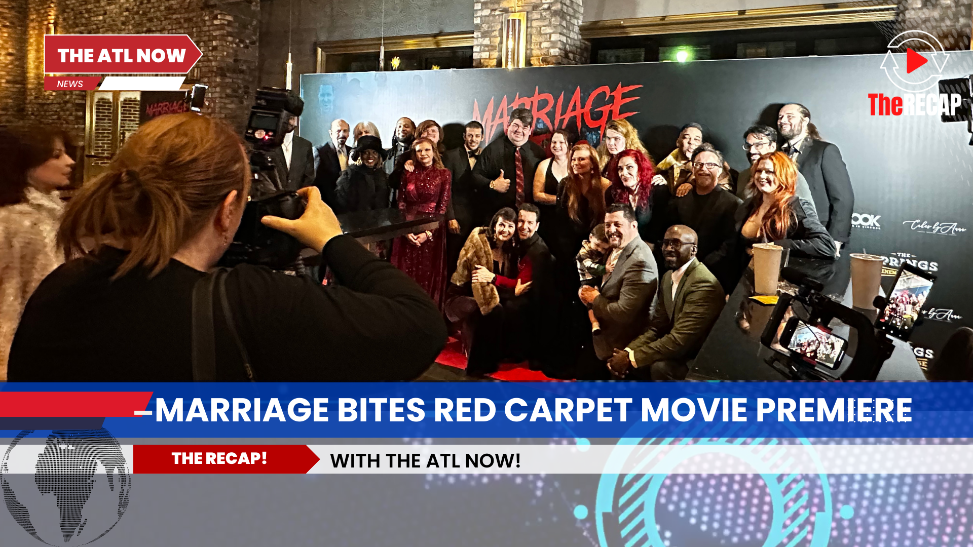 Group posing on red carpet at Marriage Bites movie premiere with The Axis Now backdrop