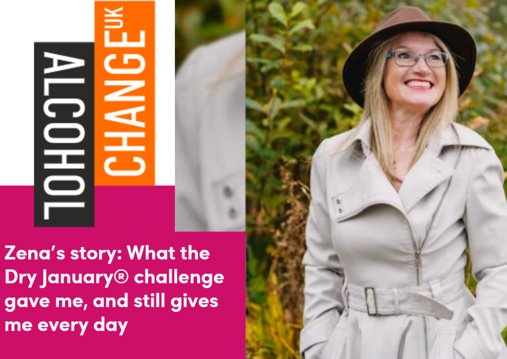 Zena wearing a hat and coat smiling outside with