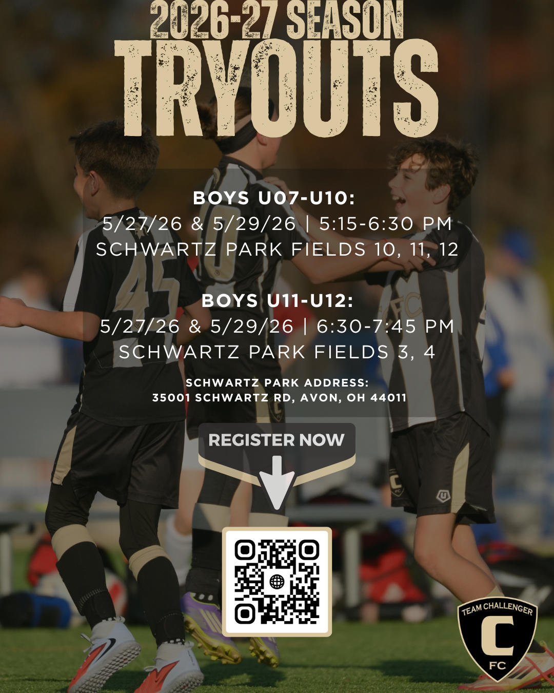 Team Challenger FC 2026–27 boys tryouts poster