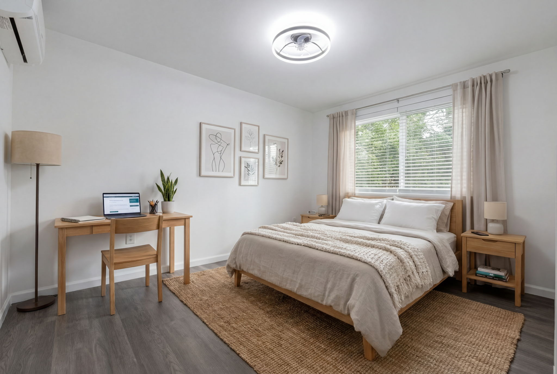 Bright bedroom with a bed, desk, nightstand, rug, and window with curtains and blinds.