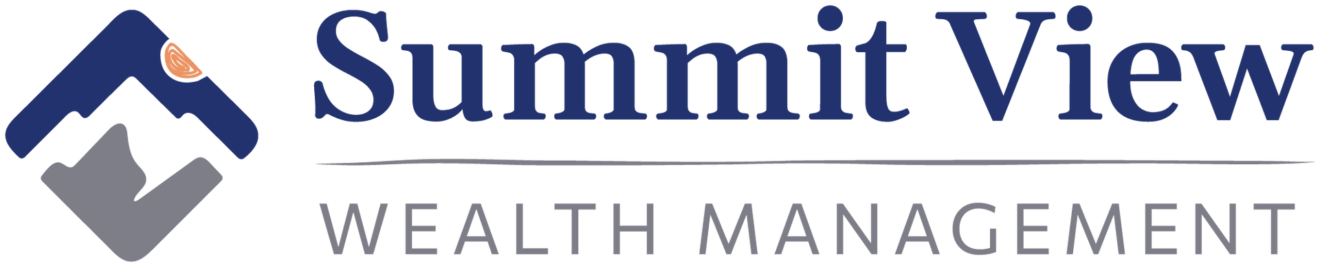 Logo for Summit View Wealth Management: a blue and gray mountain icon with a sun and dark blue text on a gray background.