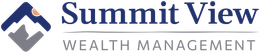 Logo for Summit View Wealth Management: a blue and gray mountain icon with a sun and dark blue text on a gray background.