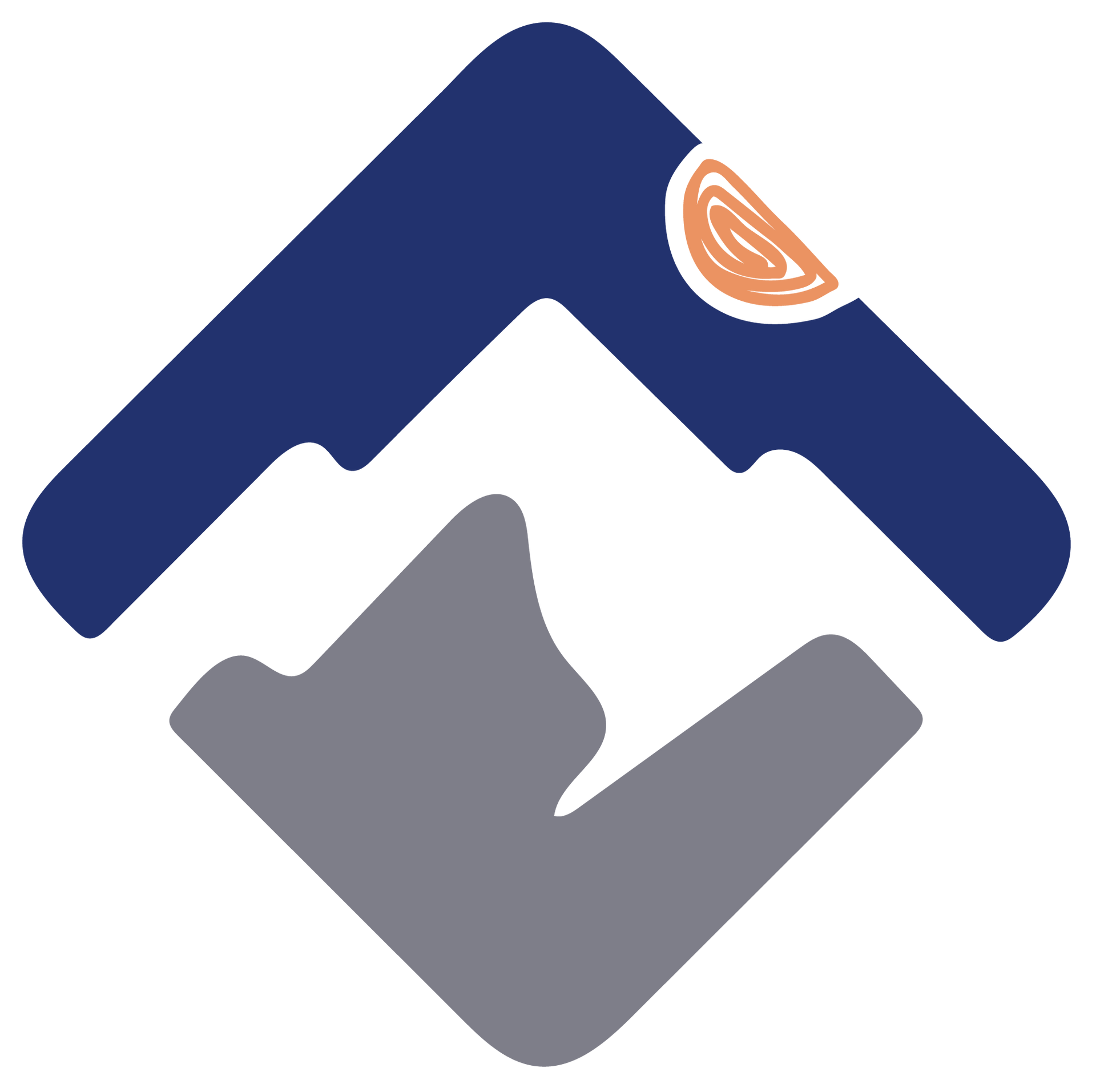 Mountain logo in a diamond shape. Dark blue and gray mountains with a sun graphic.