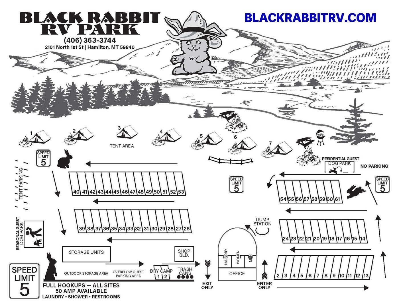 A black and white poster for black rabbit rv park