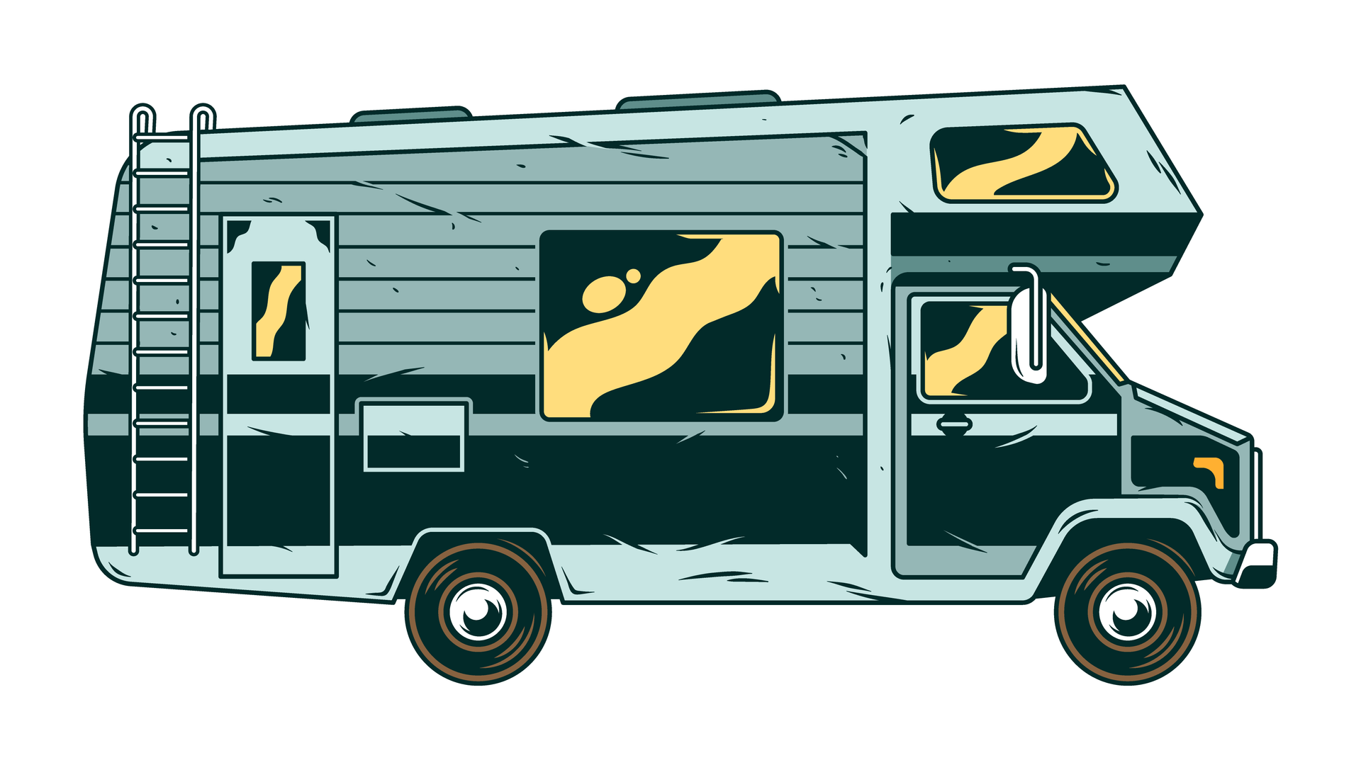 A cartoon drawing of a rv with a ladder on the side.