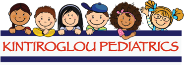 The logo for kintiroglou pediatrics shows a group of children standing next to each other.