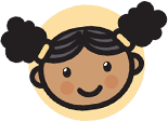 A cartoon illustration of a girl with pigtails and a smile on her face.