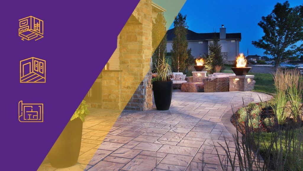 Purple and gold graphic overlay on a dusk patio with stone pavers, potted plants, and a lit building in the background