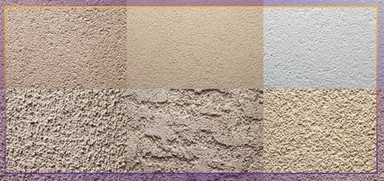 Close-up of four textured wall surfaces in tan, beige, white, and gray tones