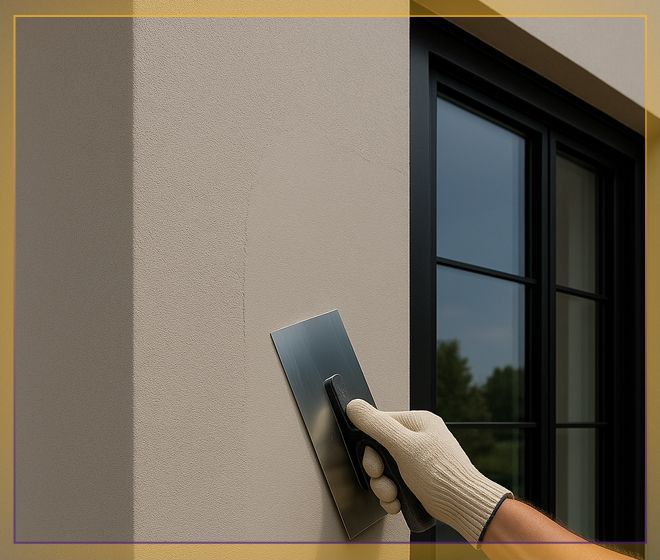Hand smoothing beige exterior wall beside a black-framed window with a trowel