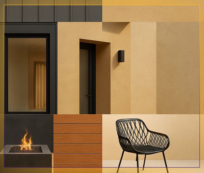Modern patio with black-framed doors, beige walls, built-in fire pit, wood bench, and wire chair