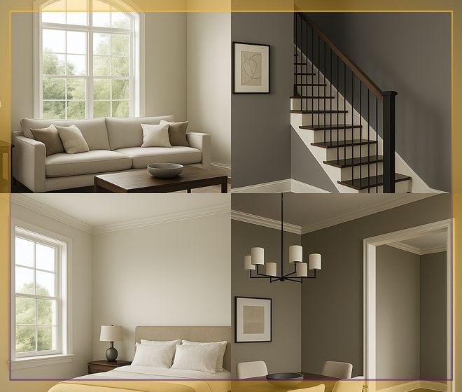 Split view of a bright beige home interior with living room, staircase, and bedroom views