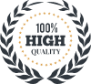 100% HIGH QUALITY badge with gold laurel wreath and black text on white background