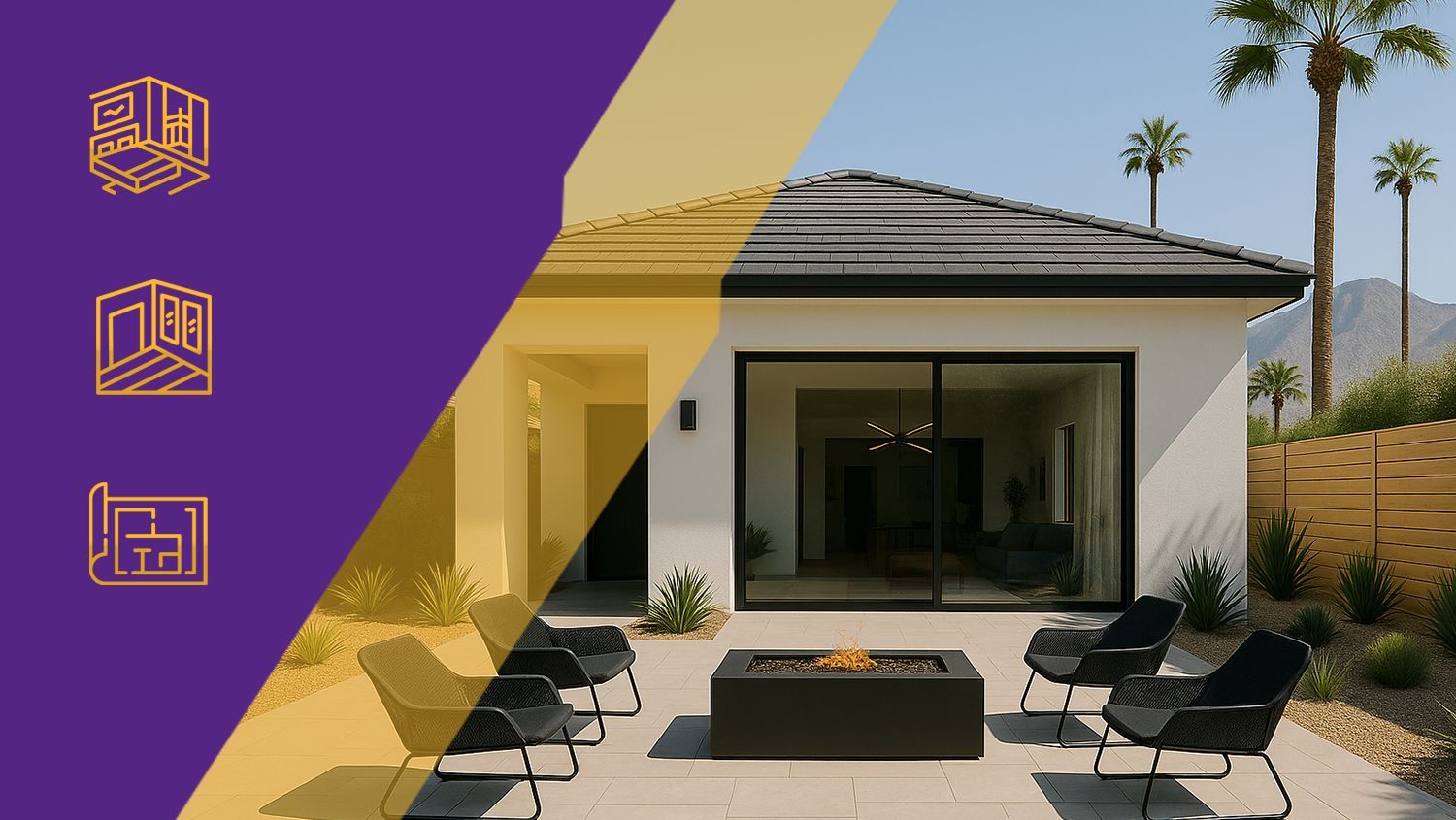 Modern house patio with palm trees; purple graphic overlay on the left.