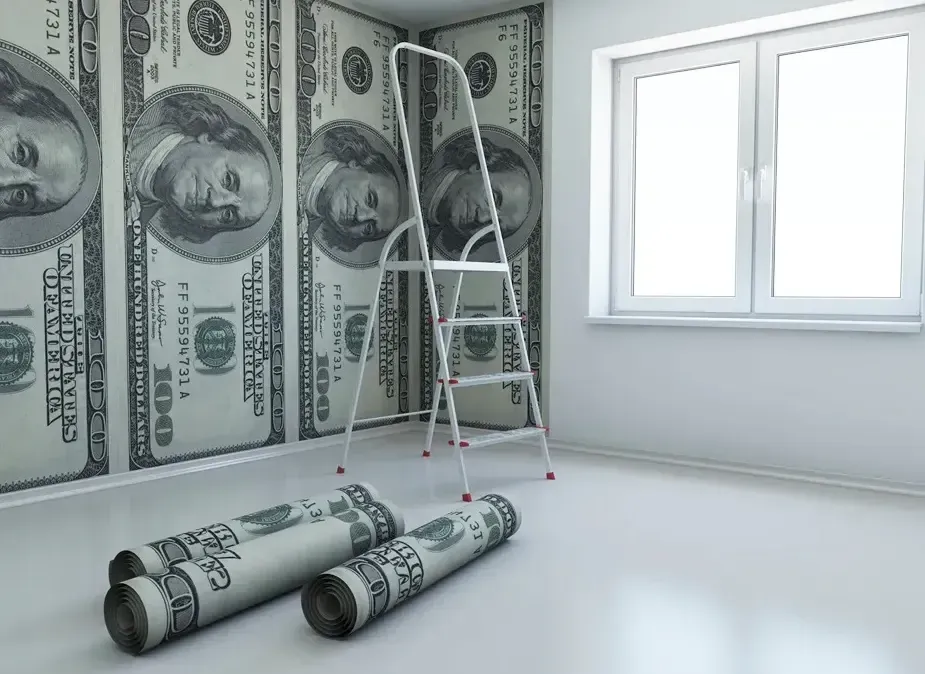 Empty room with dollar-bill wallpaper, ladder, and rolled wallpaper on the floor