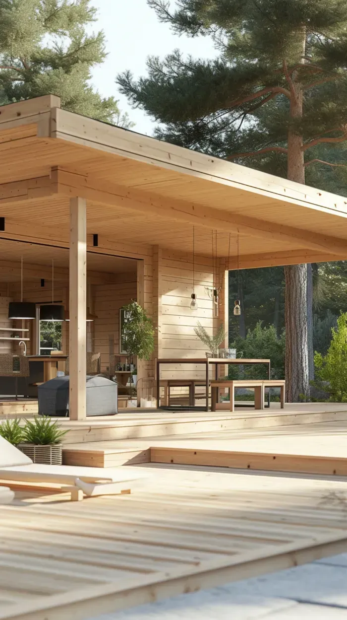 Wooden cabin terrace with picnic table and tall pine trees in warm sunlight