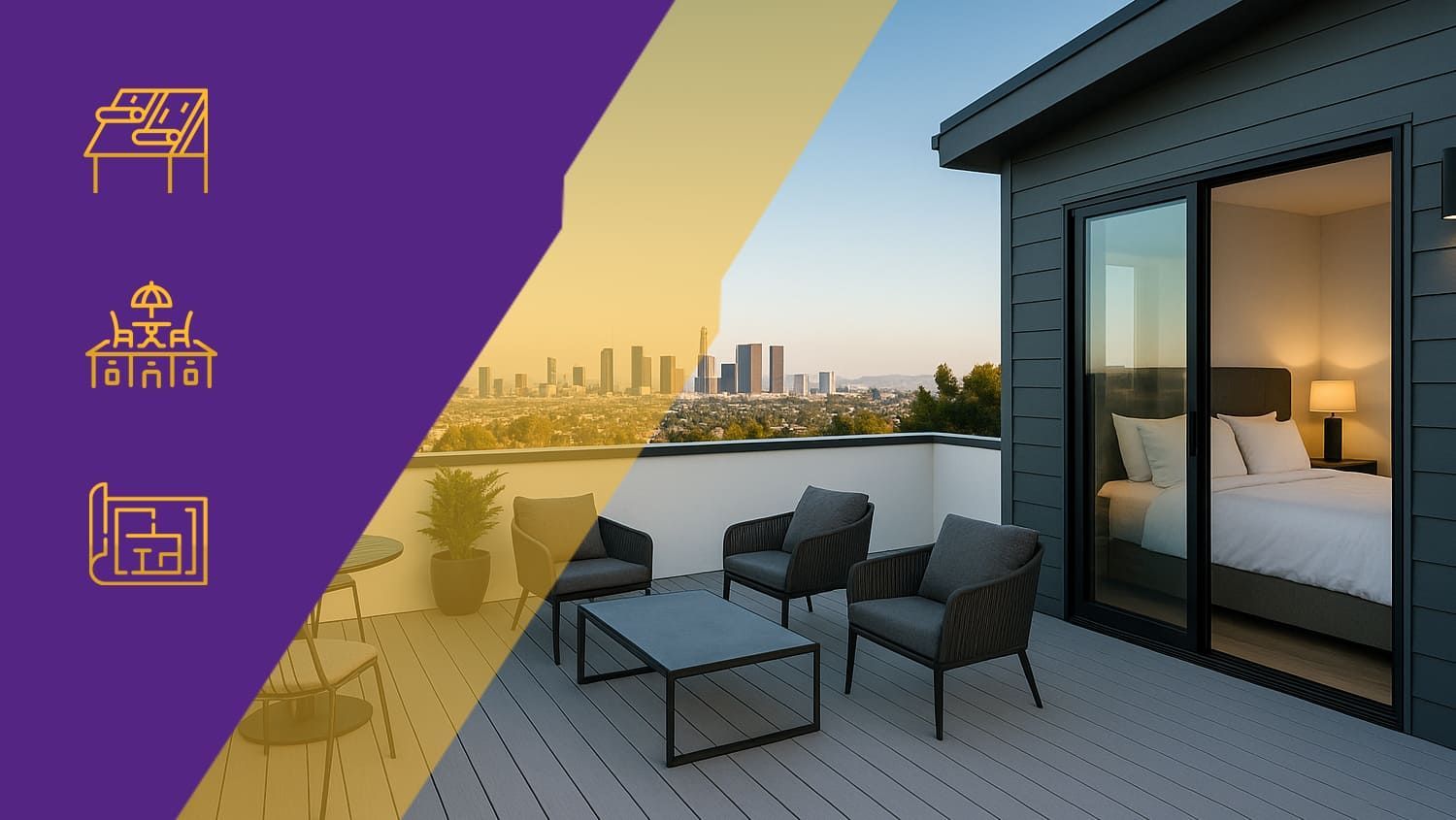 Modern living room with hanging chairs, large windows, and a purple-and-gold graphic panel on the left