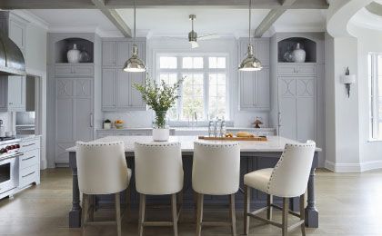Bright modern kitchen with island, white chairs, pendant lights, and large window