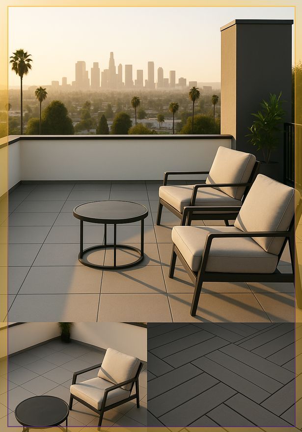 Rooftop patio with two lounge chairs and a table, overlooking a hazy city skyline at sunset