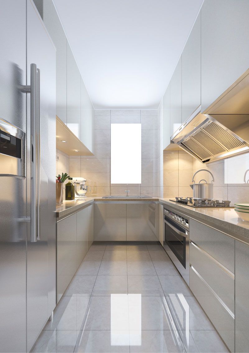 Bright modern galley kitchen with white cabinets, stainless appliances, and glossy tiled floor.