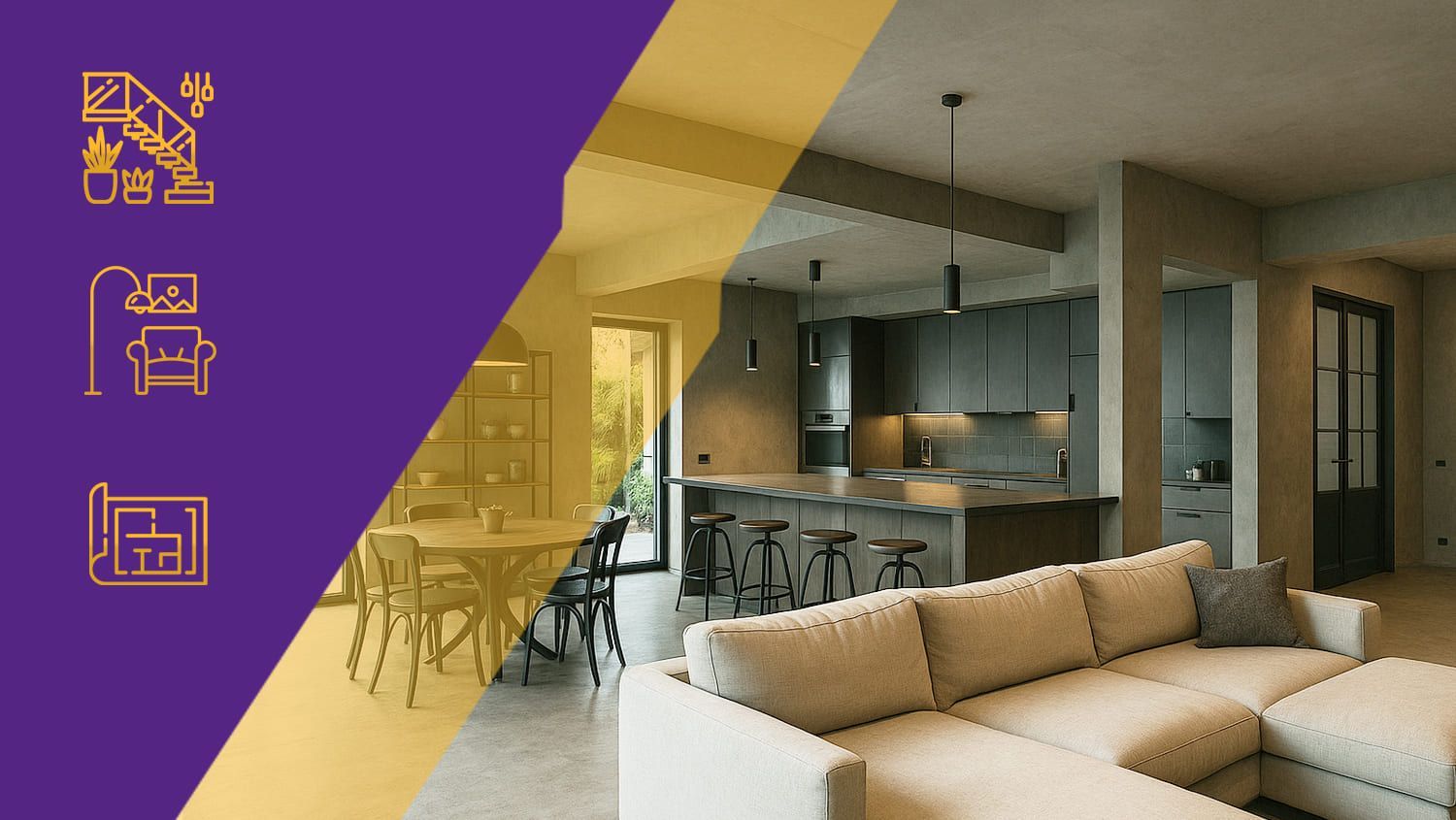 Modern living room and kitchen with beige sofa, gray cabinets, and purple-yellow graphic overlay on left
