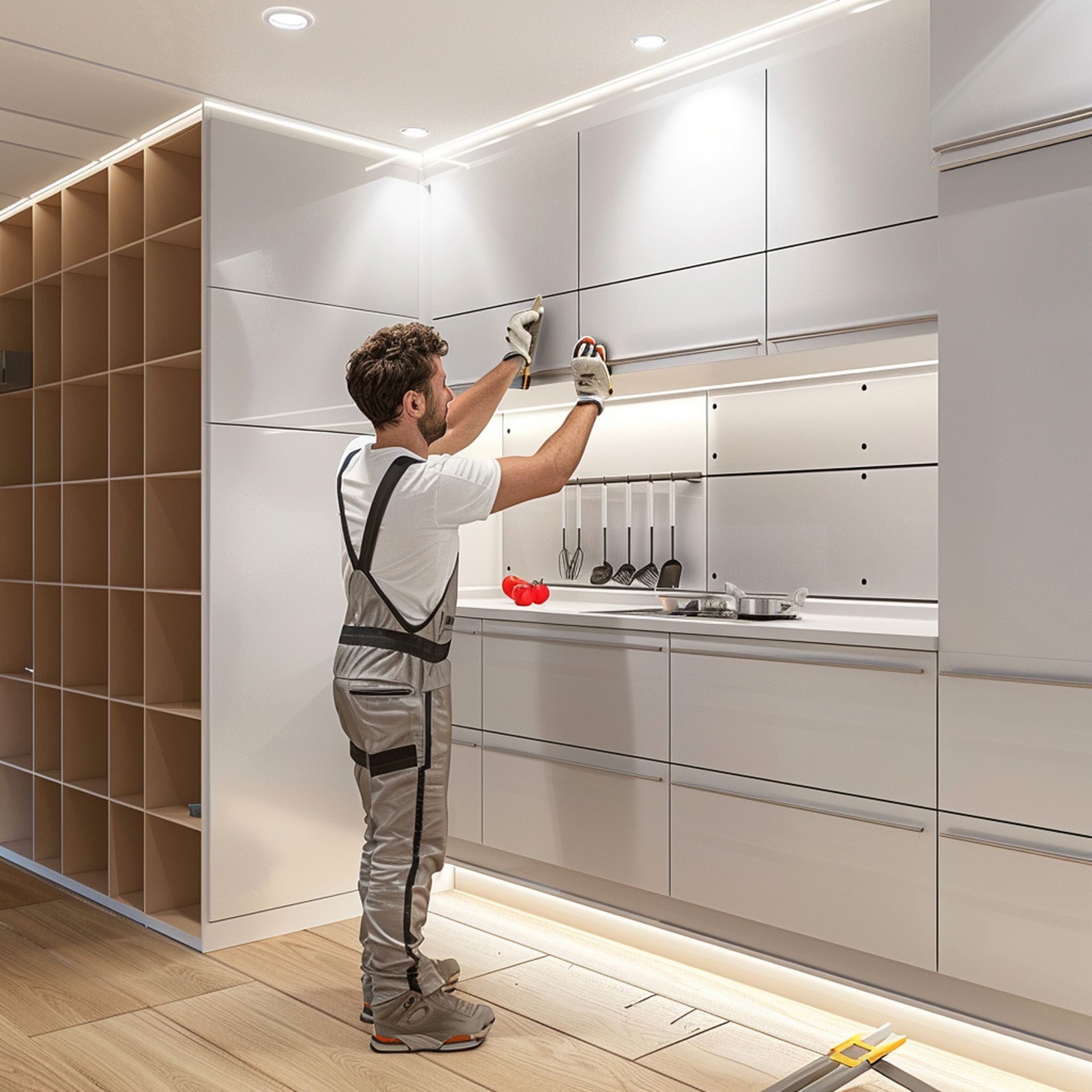 Worker installing white kitchen cabinets in a modern room