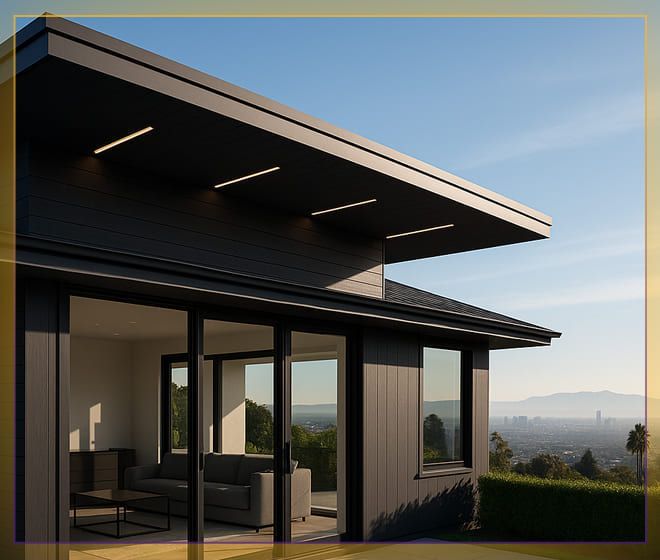 Modern house exterior with dark trim, large glass windows, and covered patio at sunset