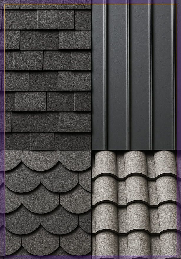 Four roofing materials: asphalt shingles, standing seam metal, and curved tile patterns in gray tones