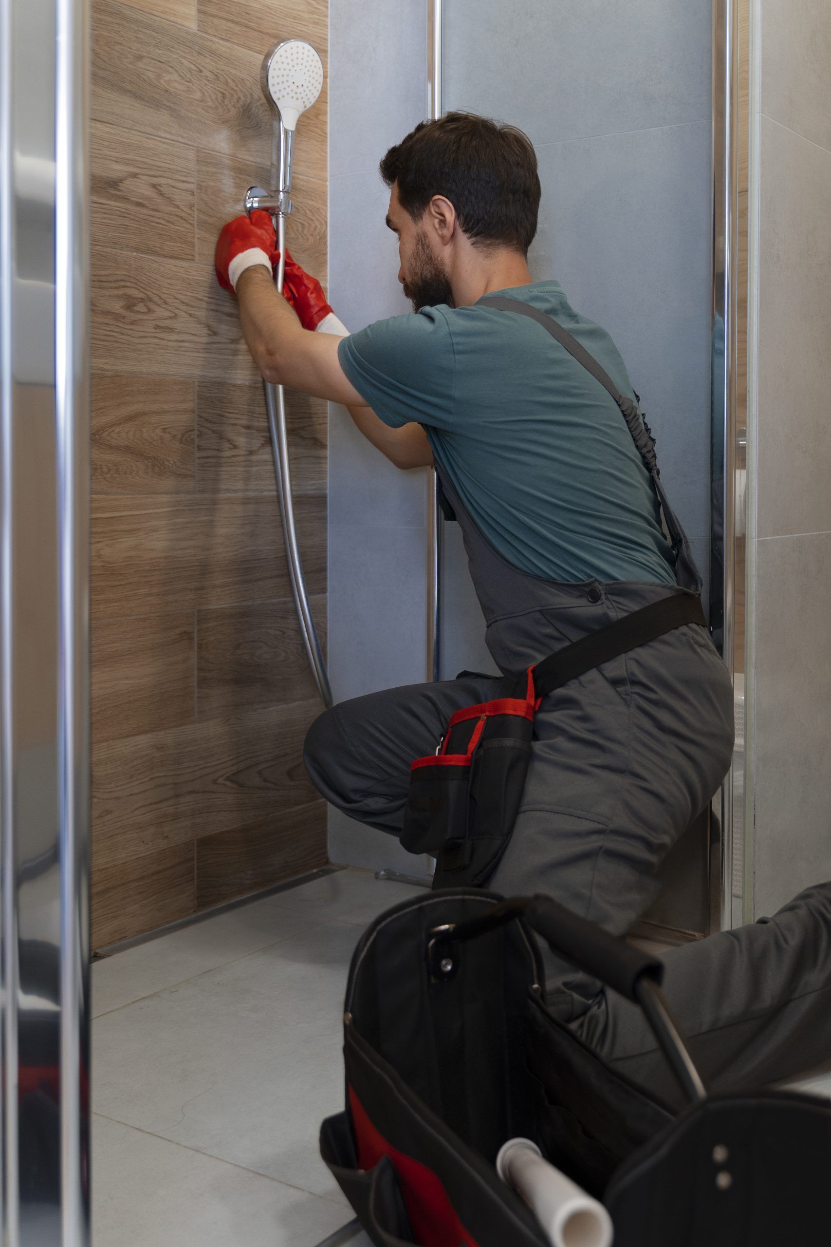 Worker installing a showerhead in a tiled bathroom stall.