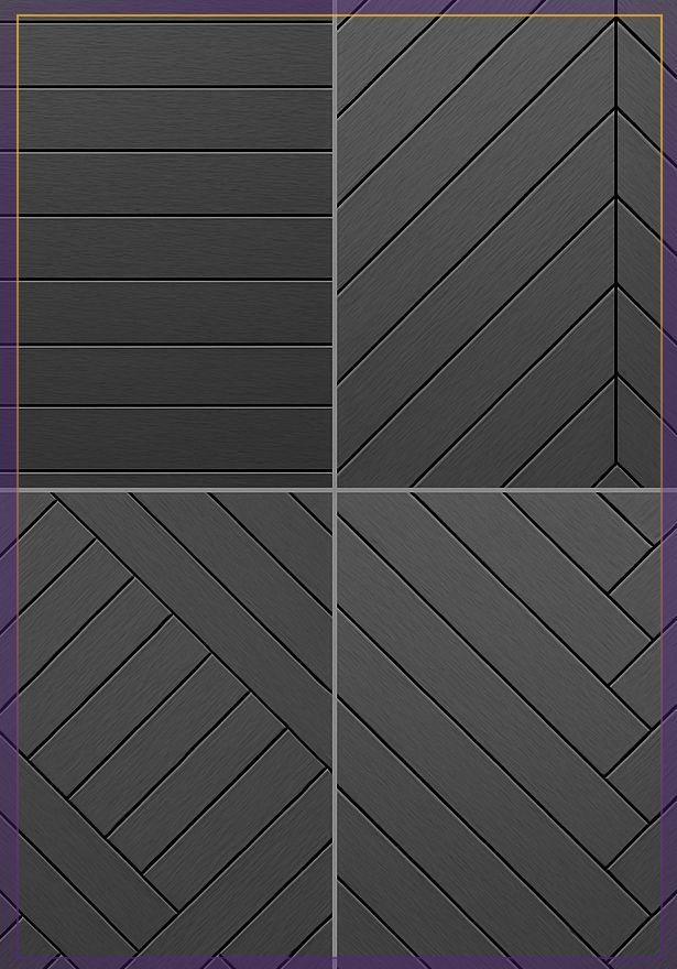 Gray tiled panel with four geometric sections: horizontal lines, vertical lines, and diagonal herringbone patterns.