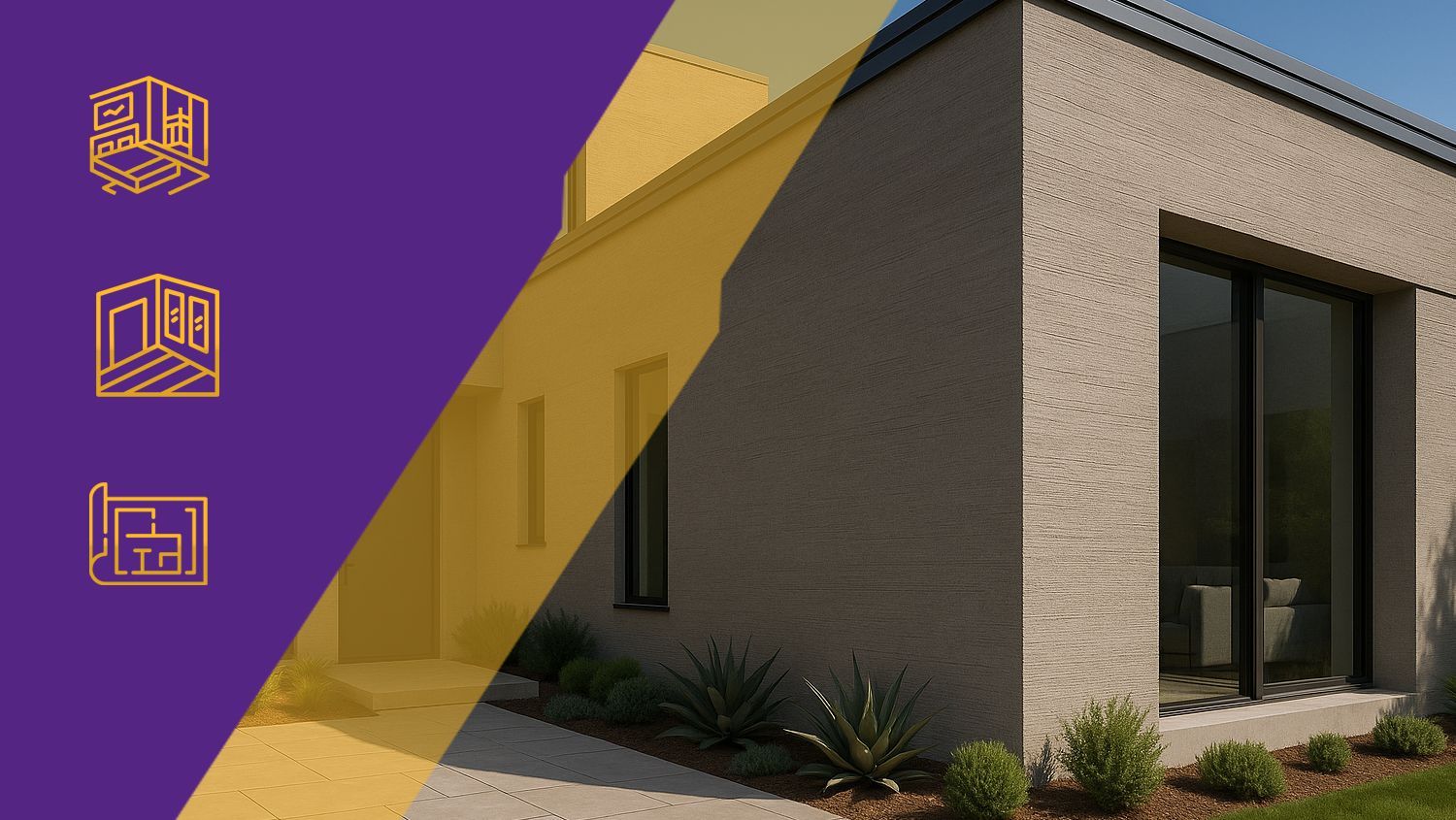 Modern house exterior with tan brick walls, black-framed windows, and a purple-and-gold graphic overlay on the left