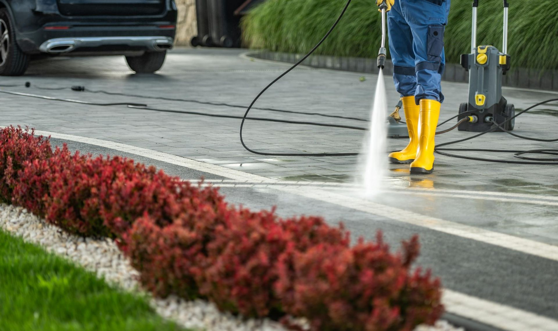 Person pressure washing a concrete driveway, red bushes in foreground, green lawn.