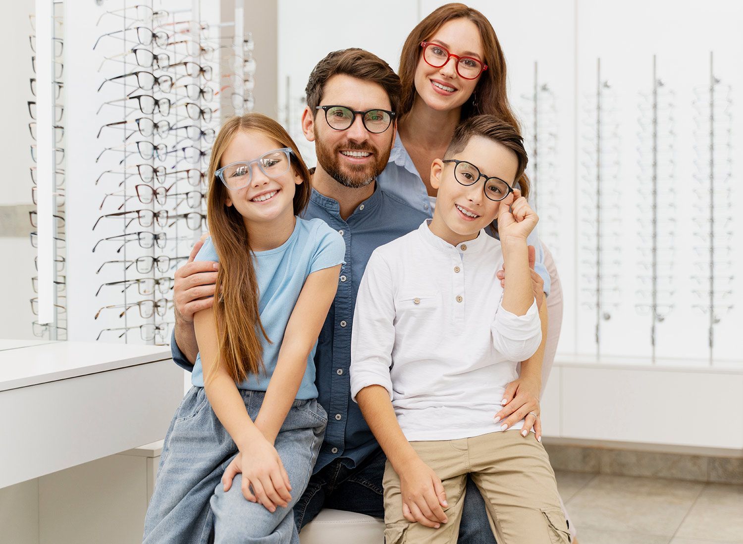 Happy family in eye care center