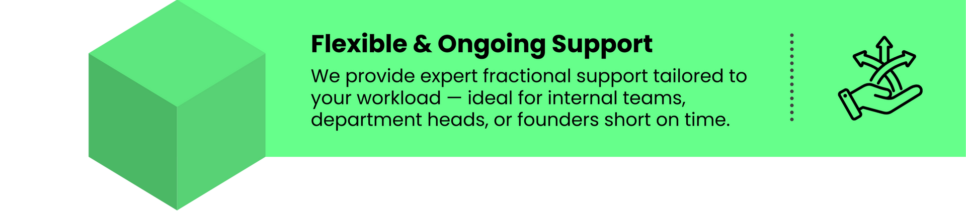 Green block with text about providing expert fractional support tailored to workload, ideal for teams, department heads, or time-poor founders, paired with a wrench and gear icon representing support services.