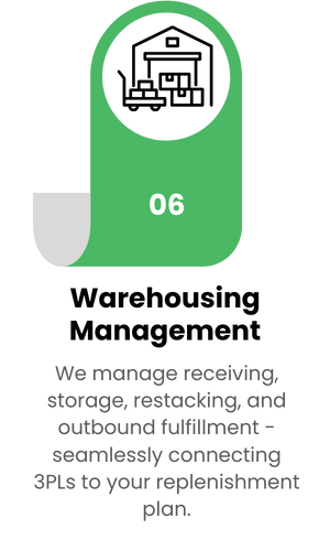 Warehousing management icon with warehouse building, illustrating storage, restacking, and outbound fulfillment for 3PLs.