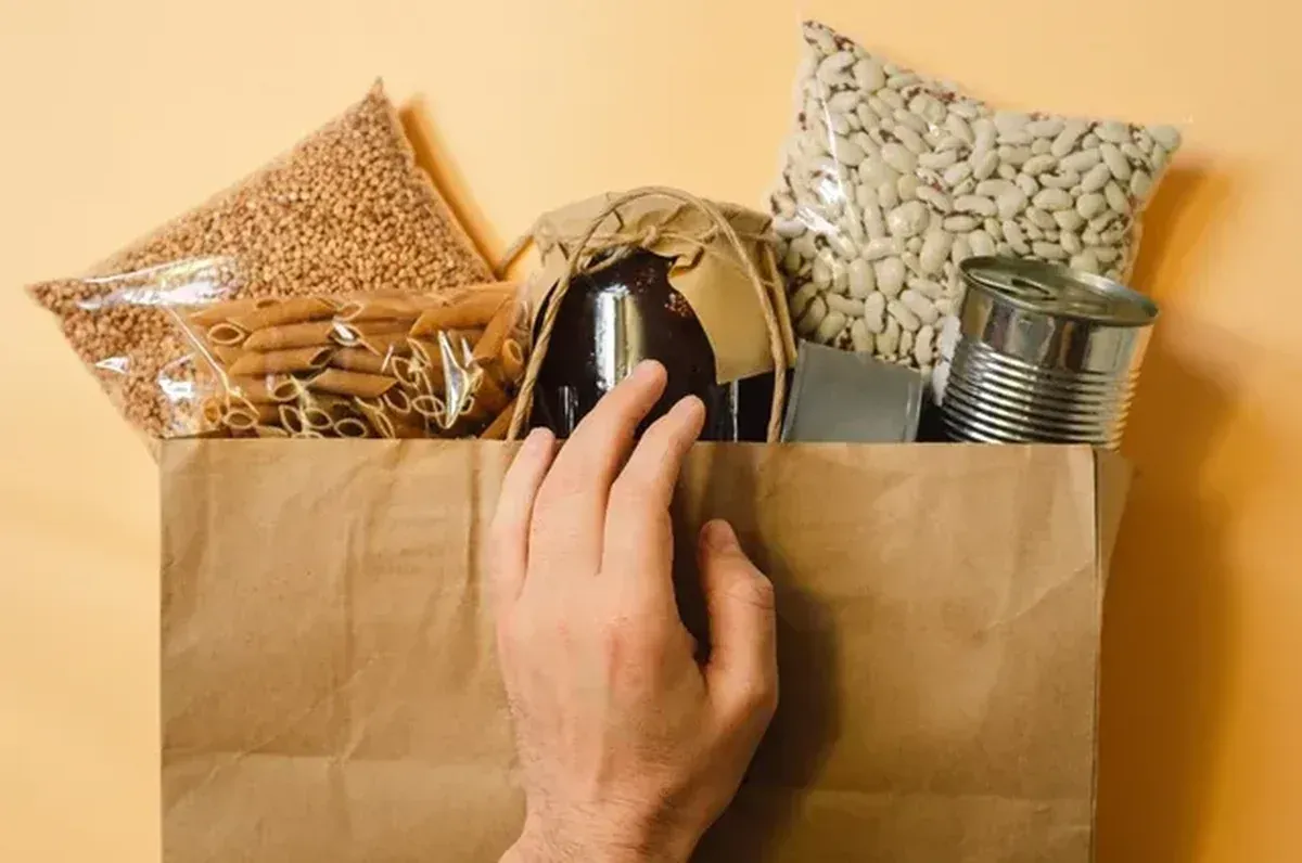 Hand holding grocery bag with packaged goods representing FMCG brand growth and strategy