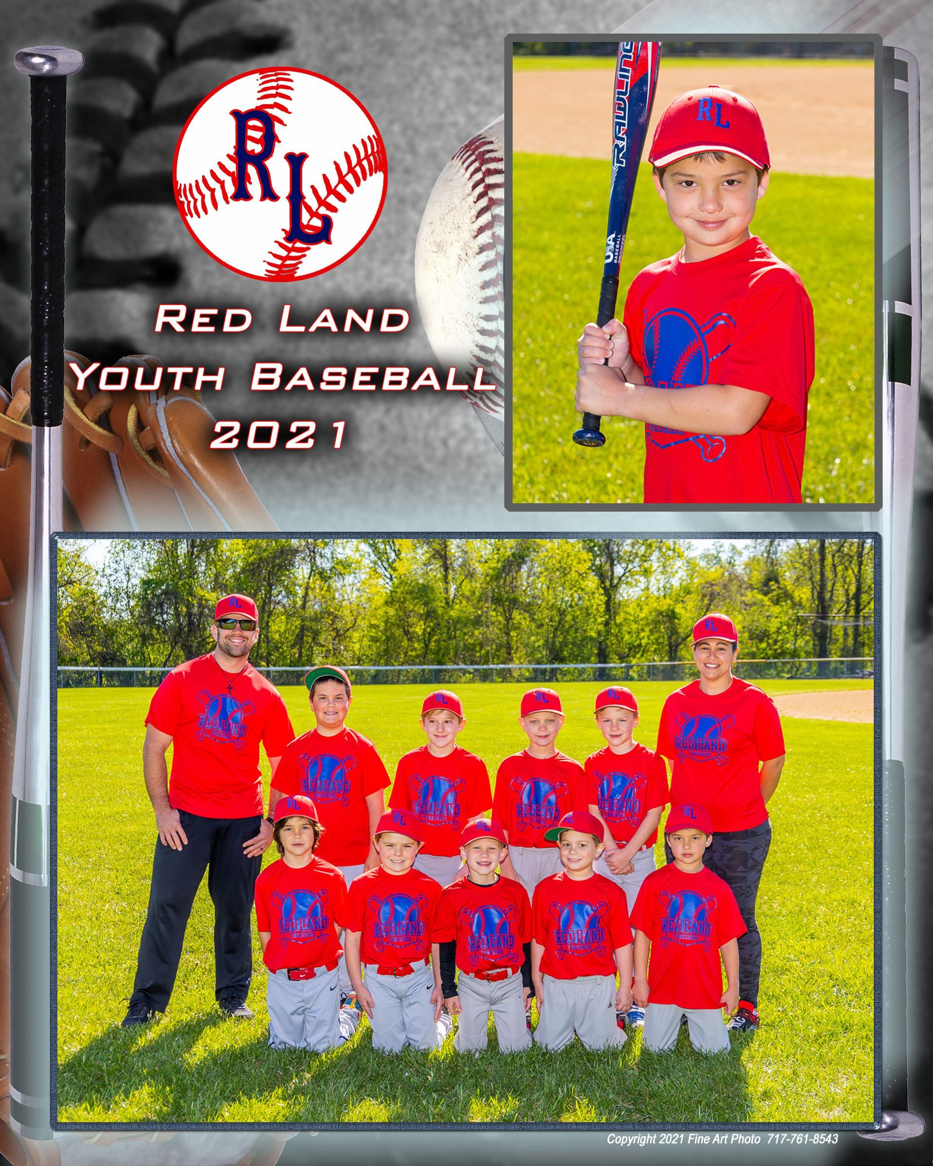 Red Land Youth Baseball 2021 team collage with player portraits in red uniforms on a field