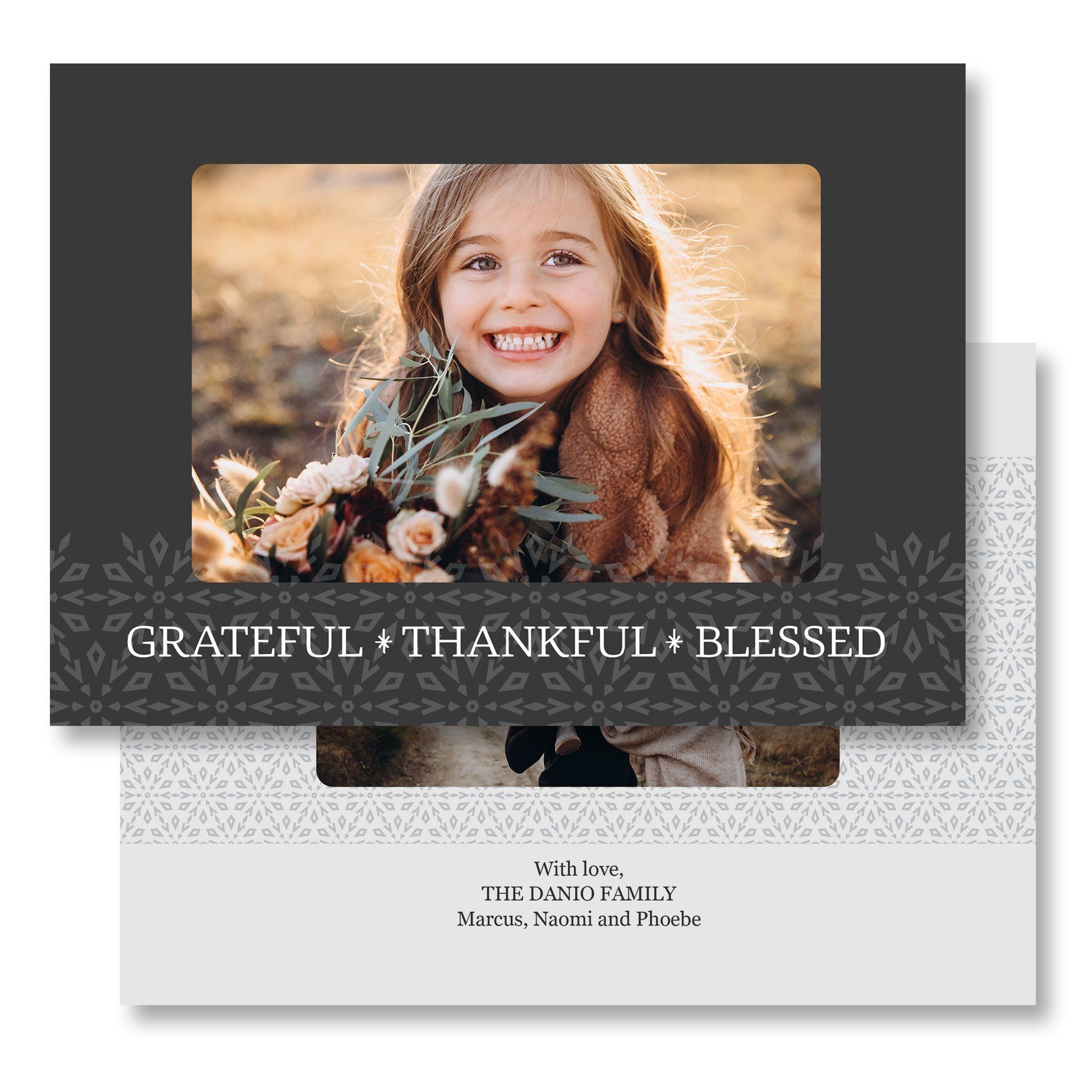 Thanksgiving greeting card with smiling child holding flowers and “GRATEFUL · THANKFUL · BLESSED” text