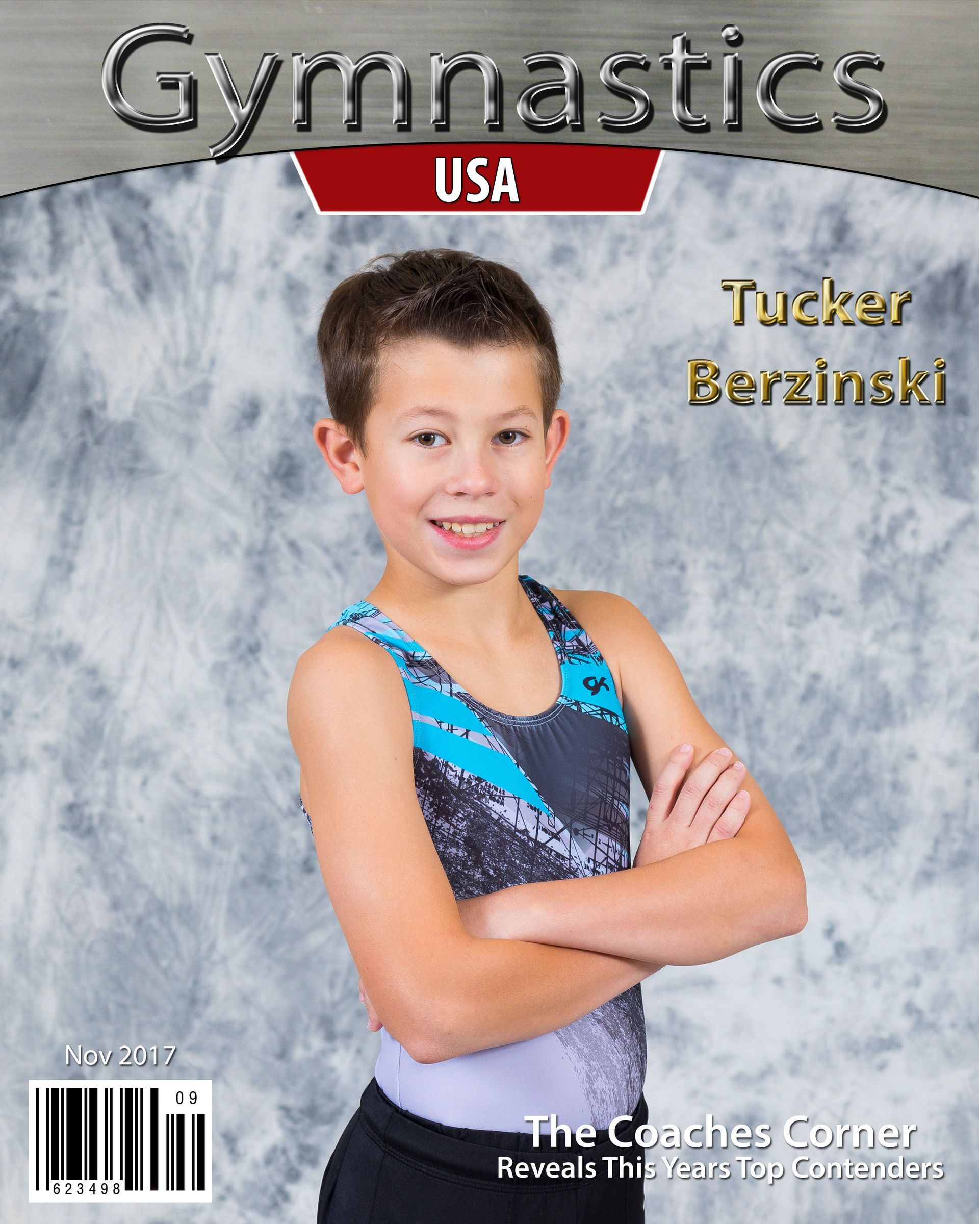 Gymnastics USA magazine cover featuring a smiling young gymnast in a blue leotard with arms crossed