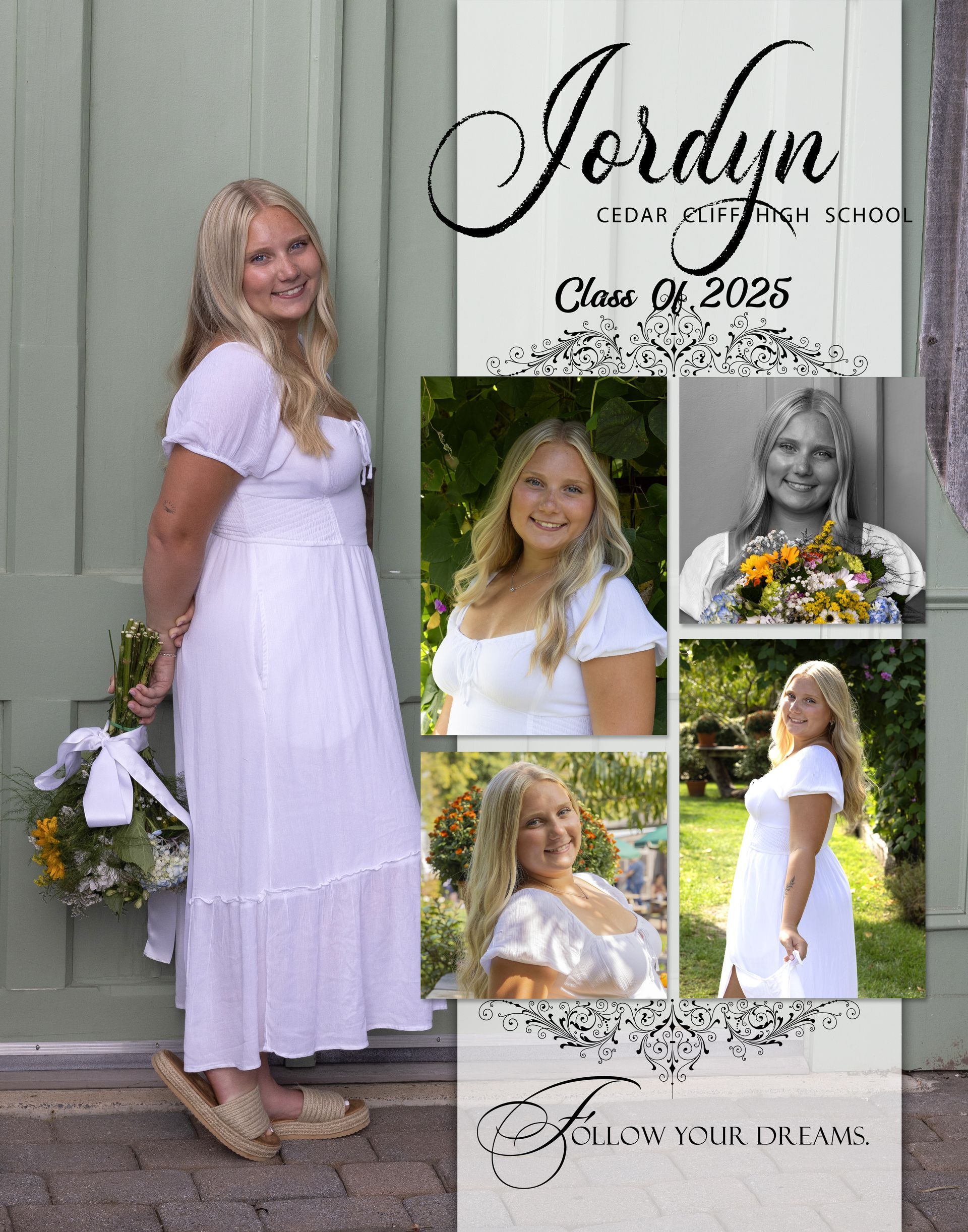 Collage of a smiling woman in a white dress, with “Jordan” and “Class of 2025” text.