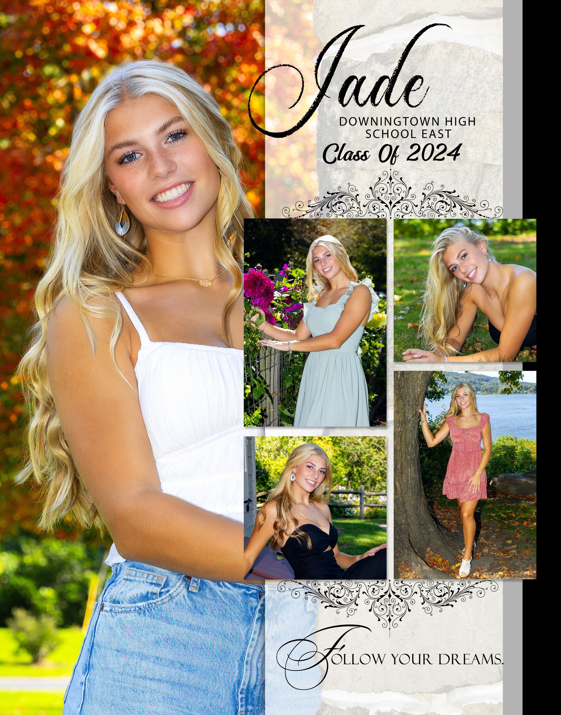 Senior photo collage of a smiling girl outdoors in a white top, blue jeans, and floral dress, with “Class of 2024” text
