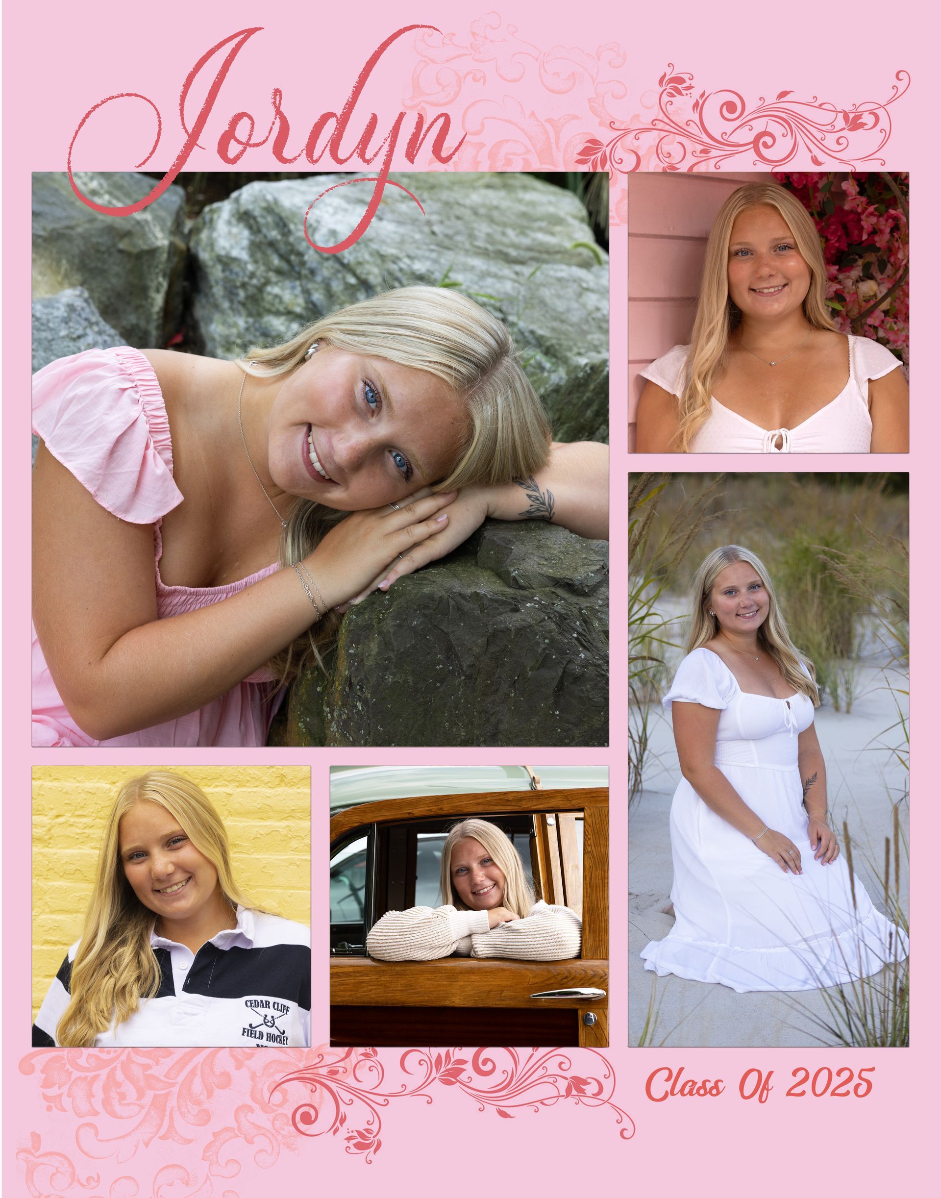 Pink senior portrait collage with five smiling outdoor photos and the name “Jordyn” at the top.