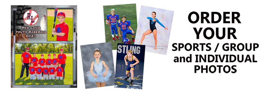 Collage of sports team and individual photo samples with text: “ORDER YOUR SPORTS / GROUP AND INDIVIDUAL PHOTOS”