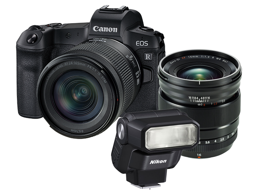 Canon EOS DSLR camera with lens, zoom lens, and external flash on a white background