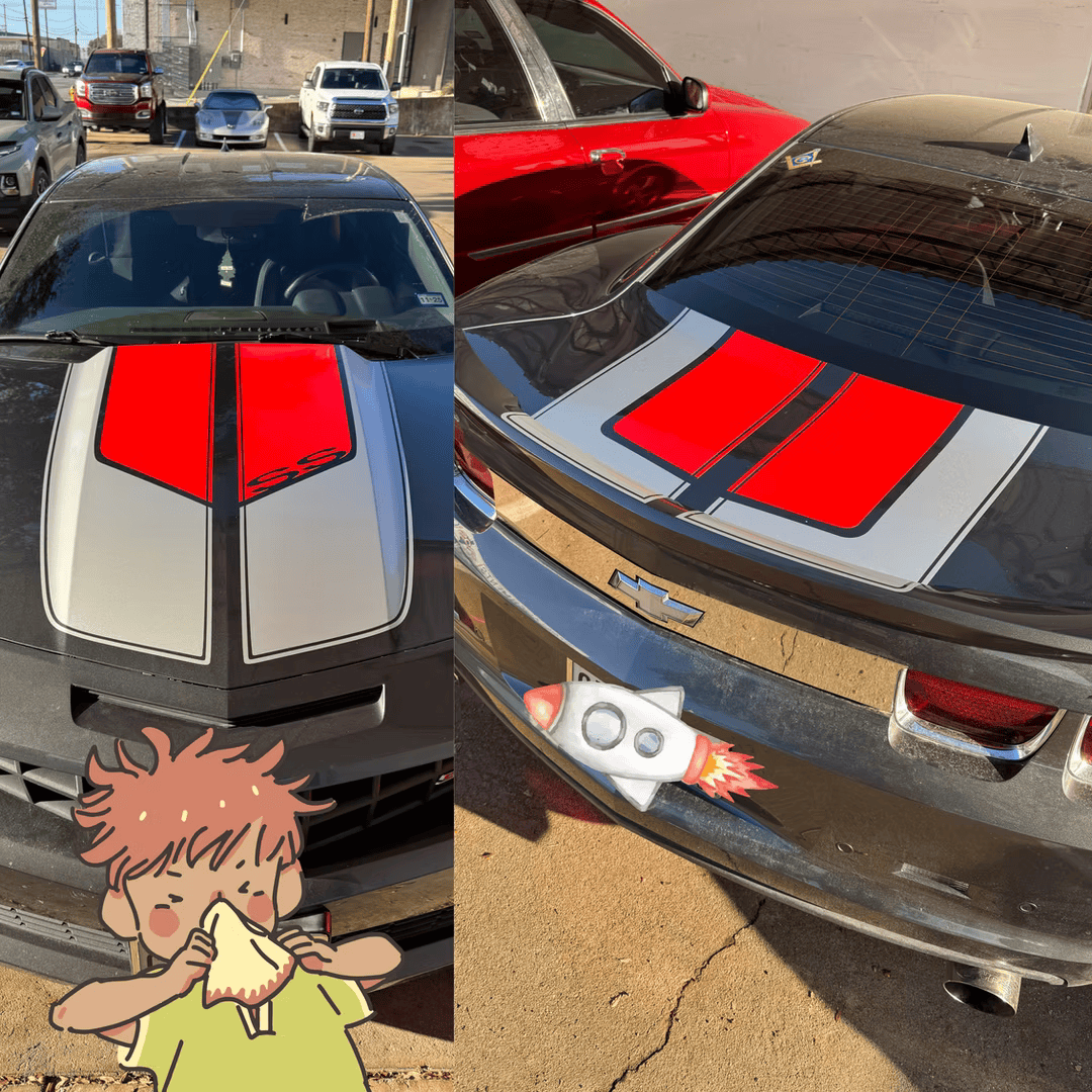 Black car with red and silver stripes; cartoon figure holding tissue. | Auto Design Specialty of Waco