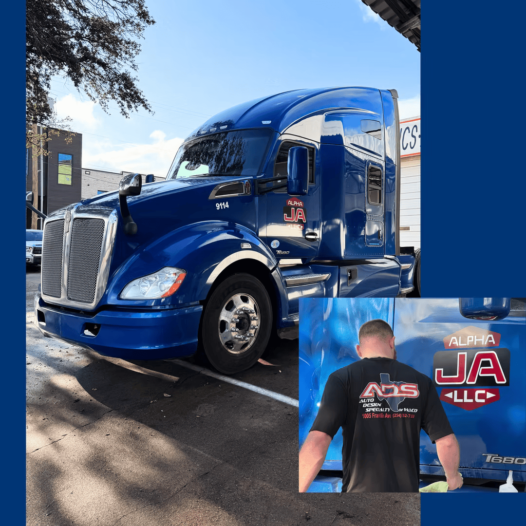 Blue semi-truck parked outdoors, with a man wearing a shirt with the truck's logo cleaning the truck. | Auto Design Specialty of Waco