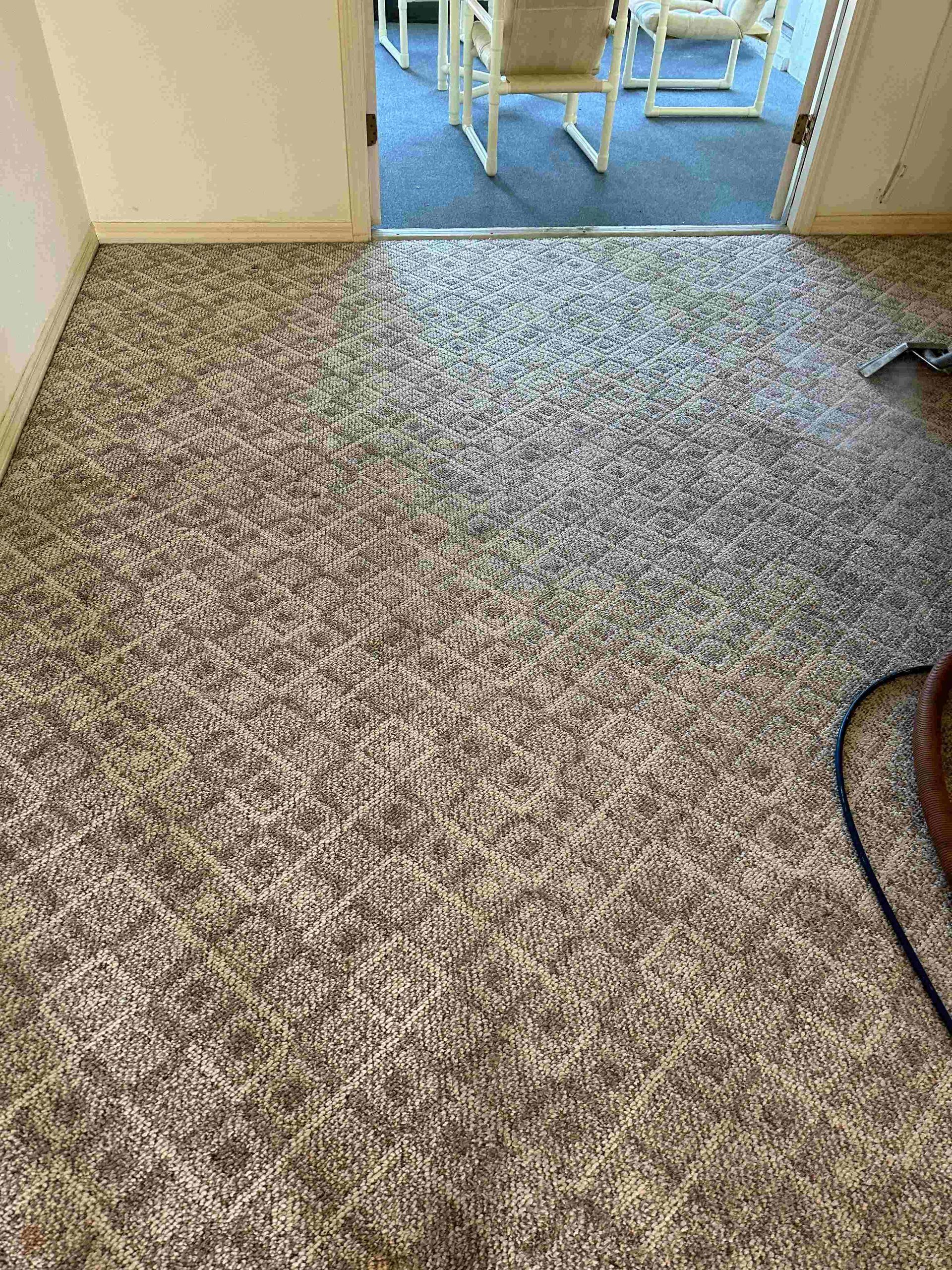 A room with a carpeted floor and a doorway leading to a dining room.
